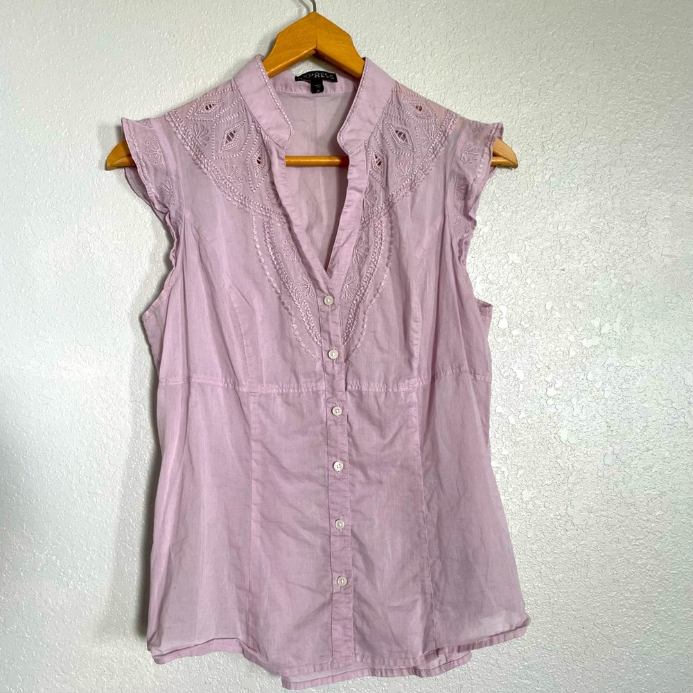 Express - Lilac Embroidered V-neck Sleveless Cotton Button Down Top - Size M